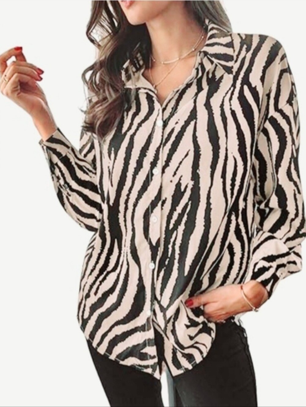 Haver London Zebra Print Button-Down Women's Silky Blouse - Blue and Cream Sz M